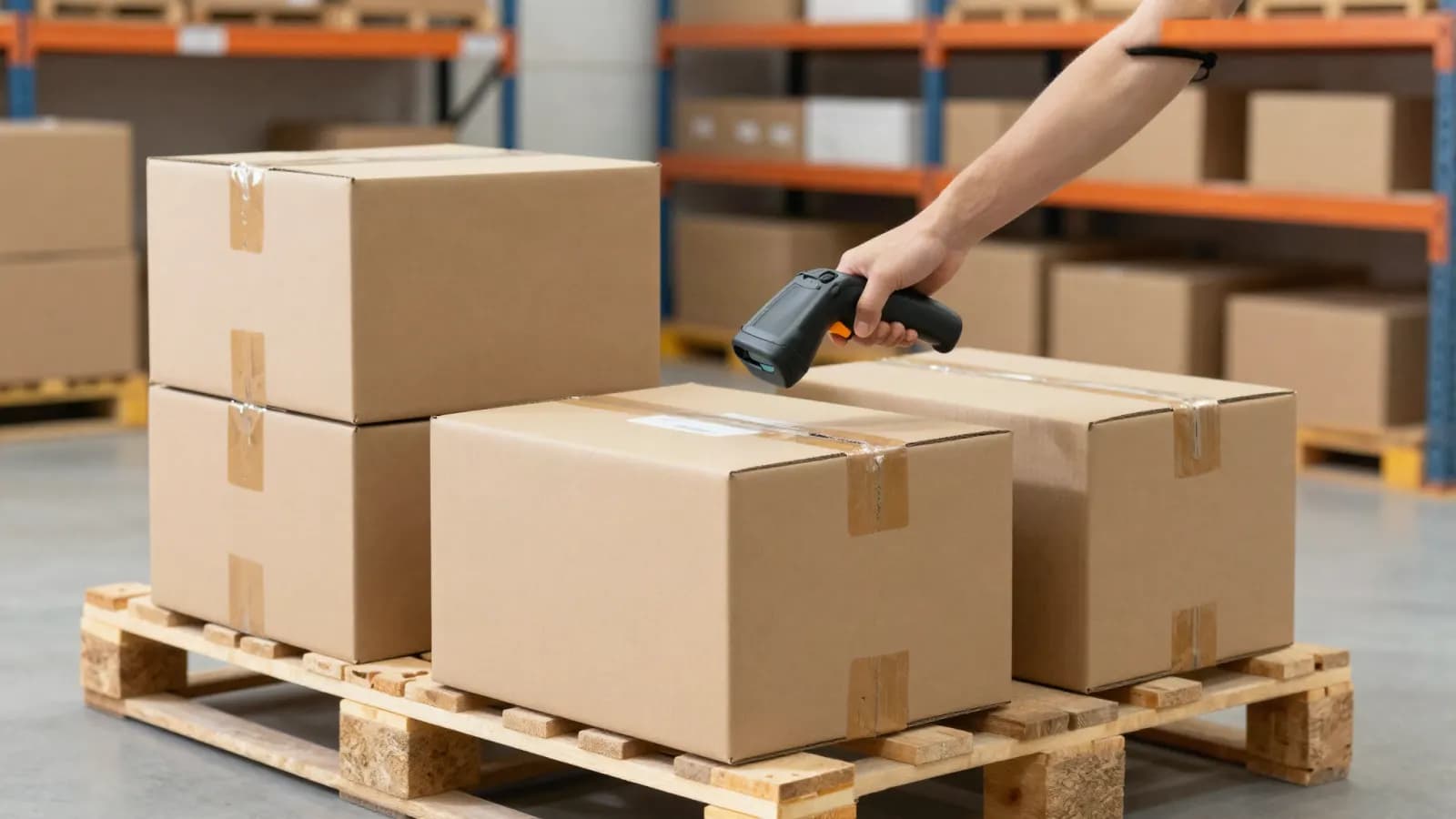 Persona escaneando el código de barras de cajas sobre un pallet en un depósito
