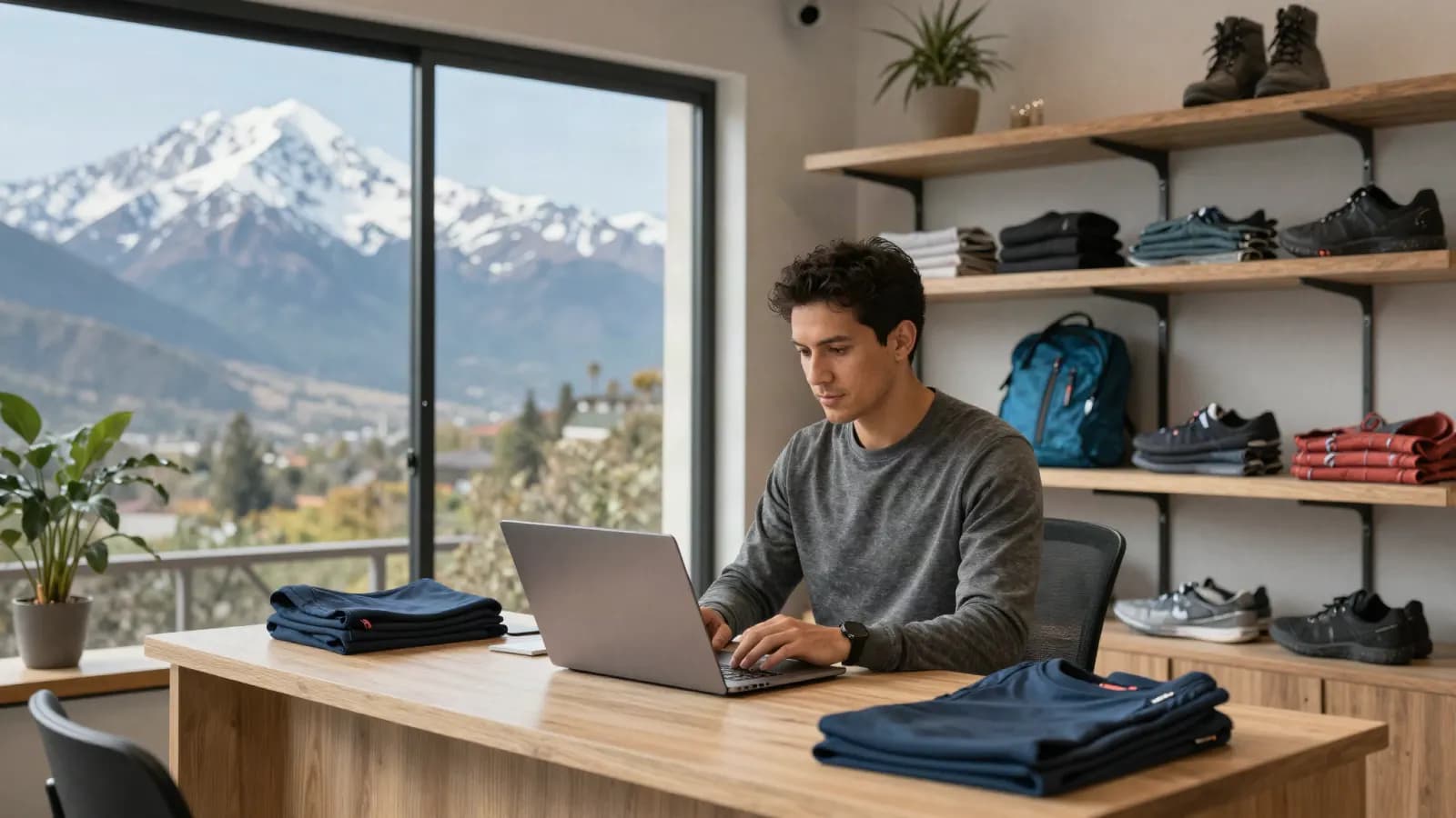 Emprendedor chileno trabajando en su laptop en un local de ropa deportiva, con la cordillera nevada de fondo