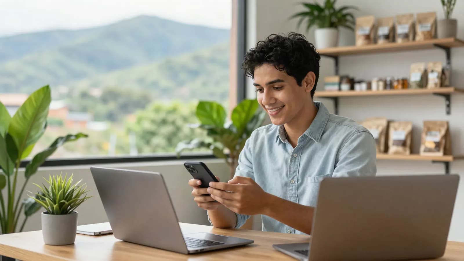 Emprendedor colombiano revisando un pago en el celular en su oficina, con productos de café y montañas de fondo