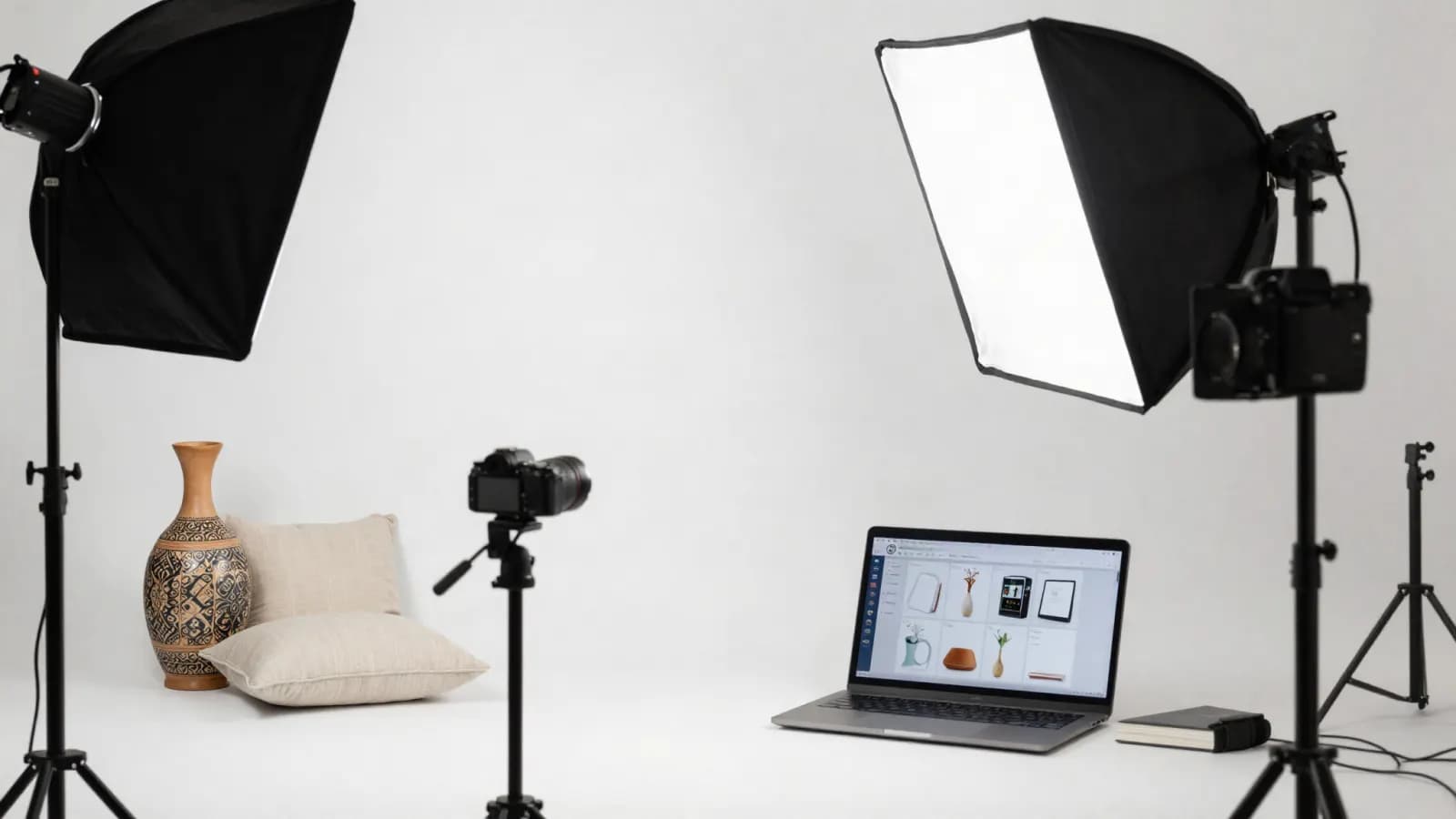 Estudio de fotos de producto con luces, cámara y una laptop mostrando las fotos para un marketplace
