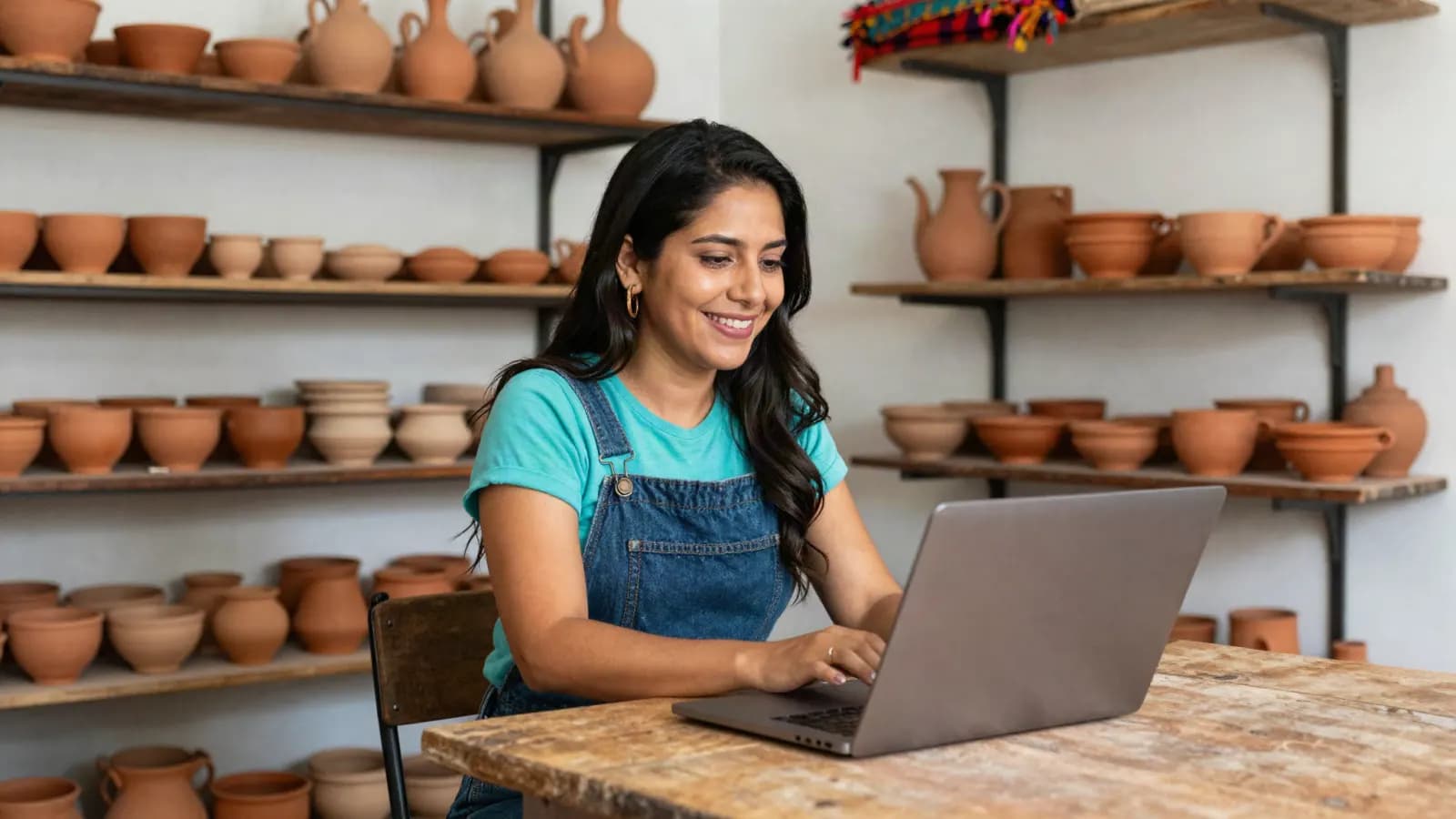 Emprendedora mexicana trabajando en su laptop en un taller de cerámica artesanal