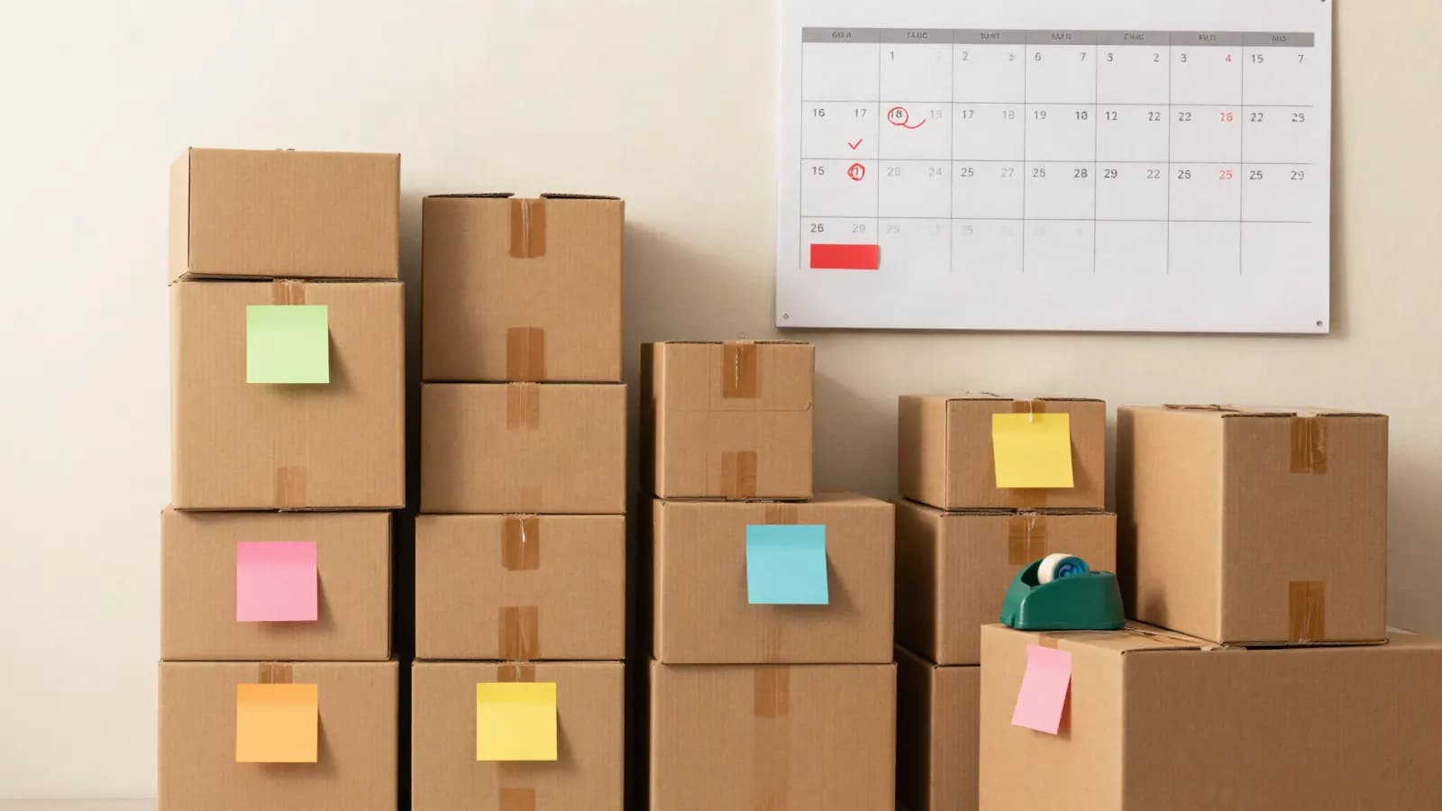Cajas de pedidos con notas de colores frente a un calendario con fechas marcadas para una venta especial