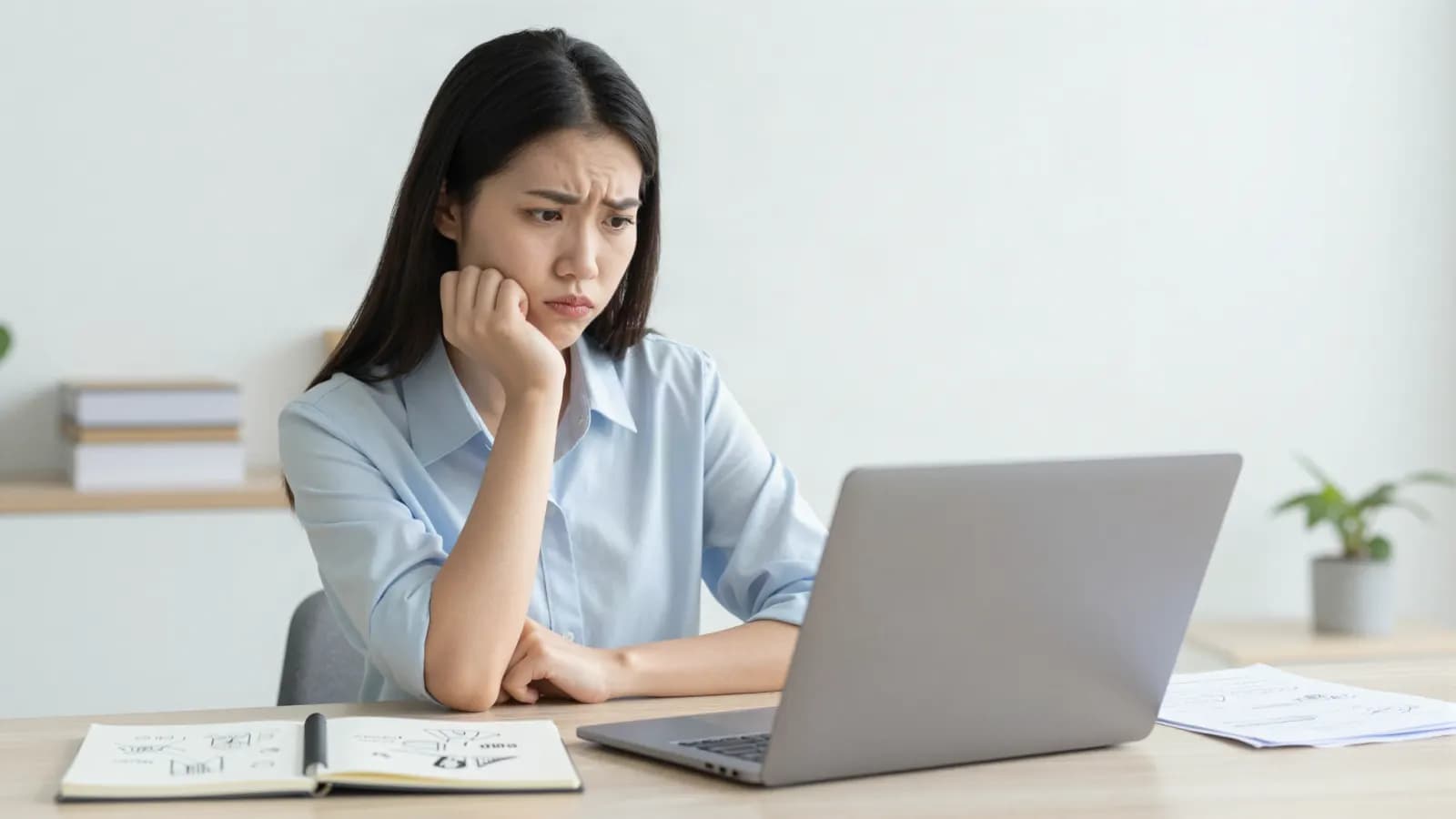 Emprendedora pensativa mirando su laptop, analizando por qué su tienda online no vende
