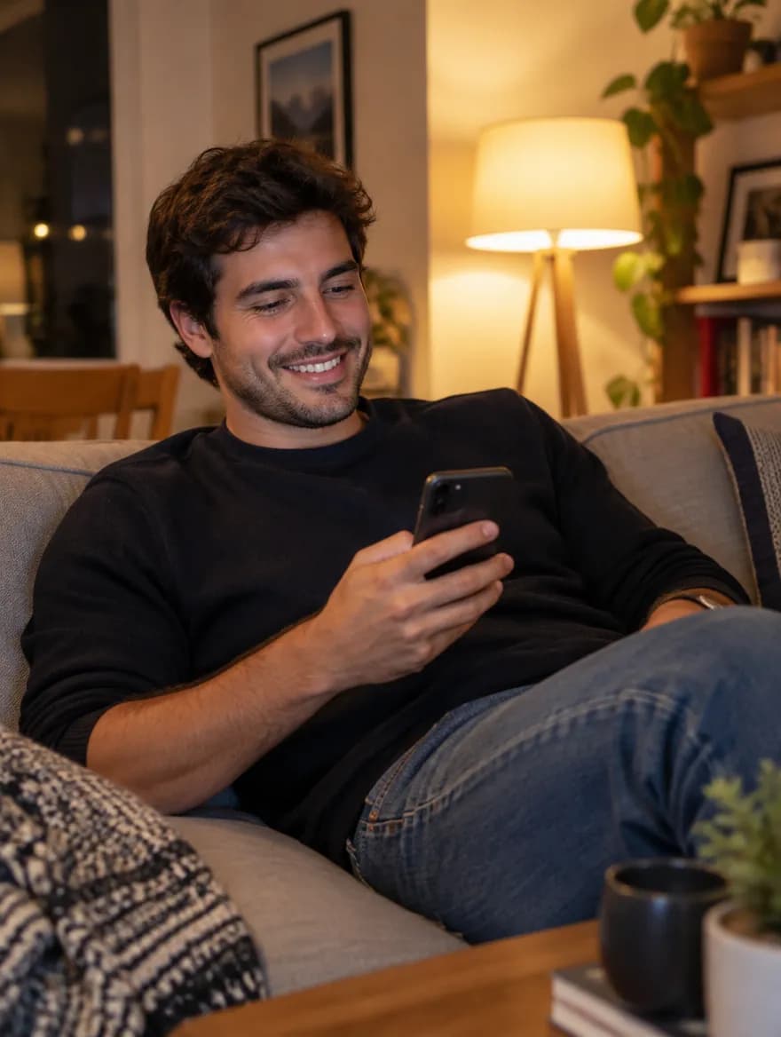 Dueño de una marca mirando el celular tranquilo en su casa